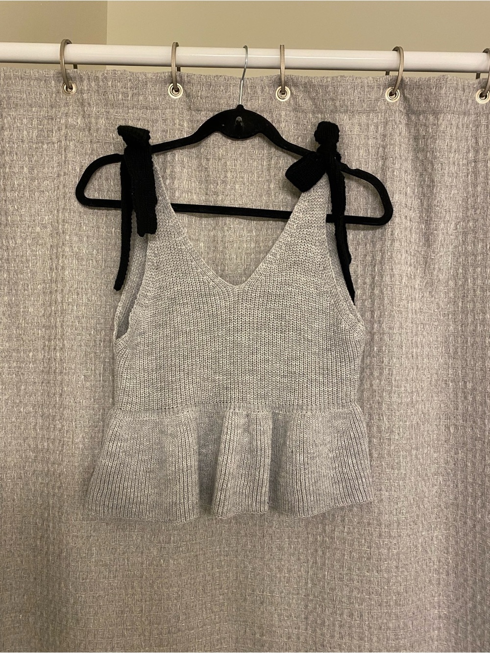 Knit Peplum Tank Top with Tie Straps - Gray